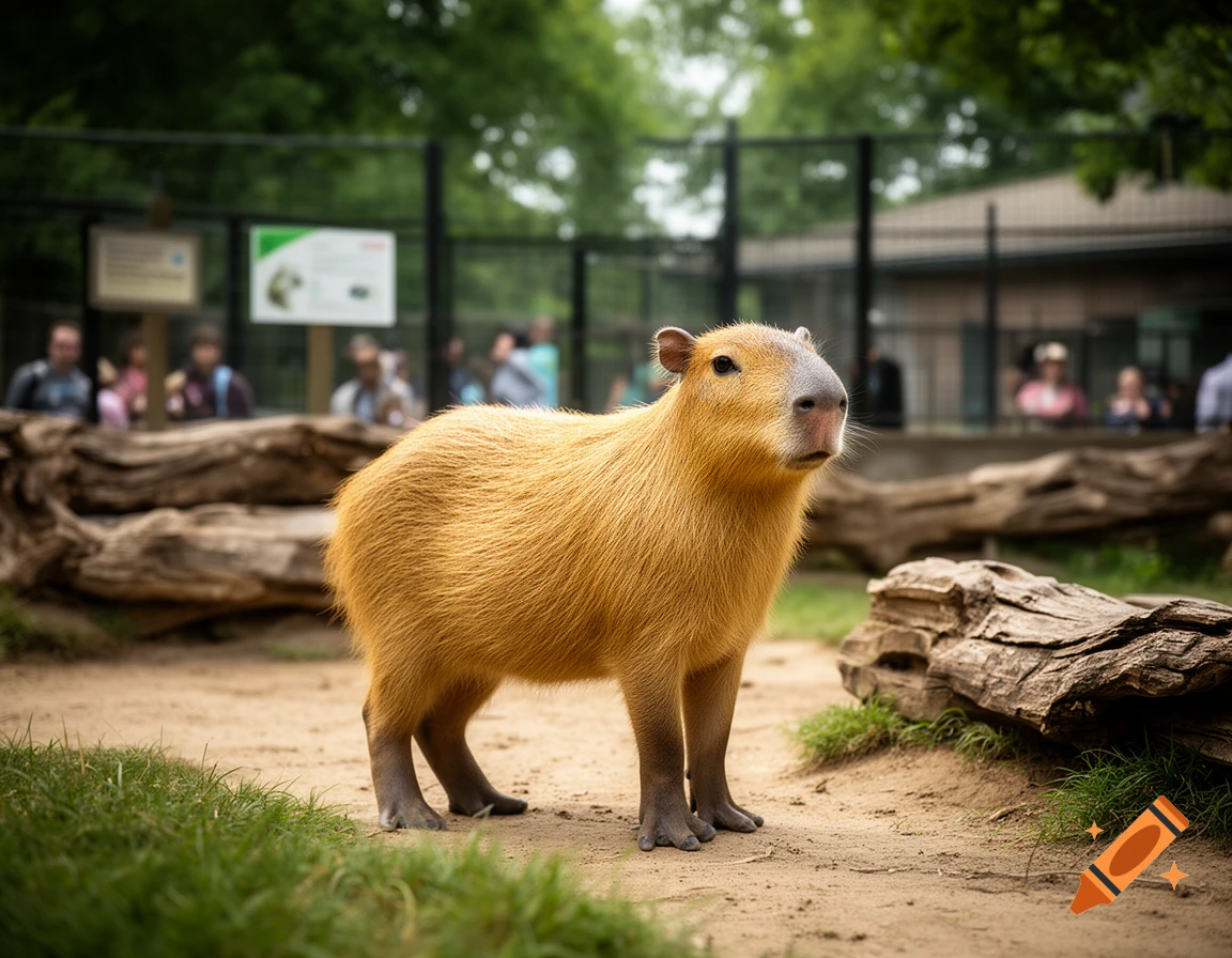 Photorealistic image of a capybara standing on dirt in a zoo enclosure with logs and a background fence.