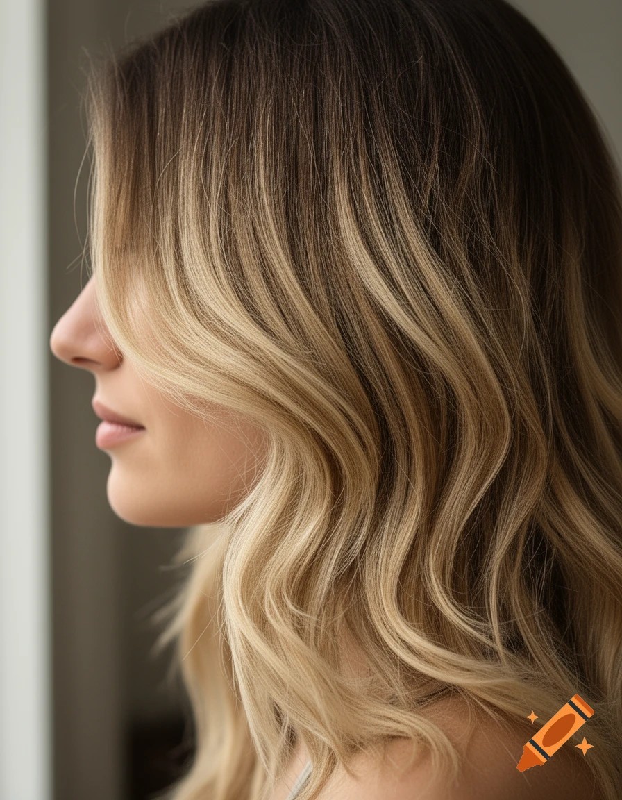 Side profile of a woman with long wavy brown hair featuring blonde highlights.