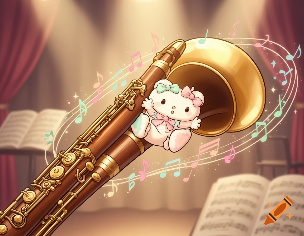 Sanrio character stuck inside the bell of a wooden bassoon surrounded by musical notes, anime style illustration.