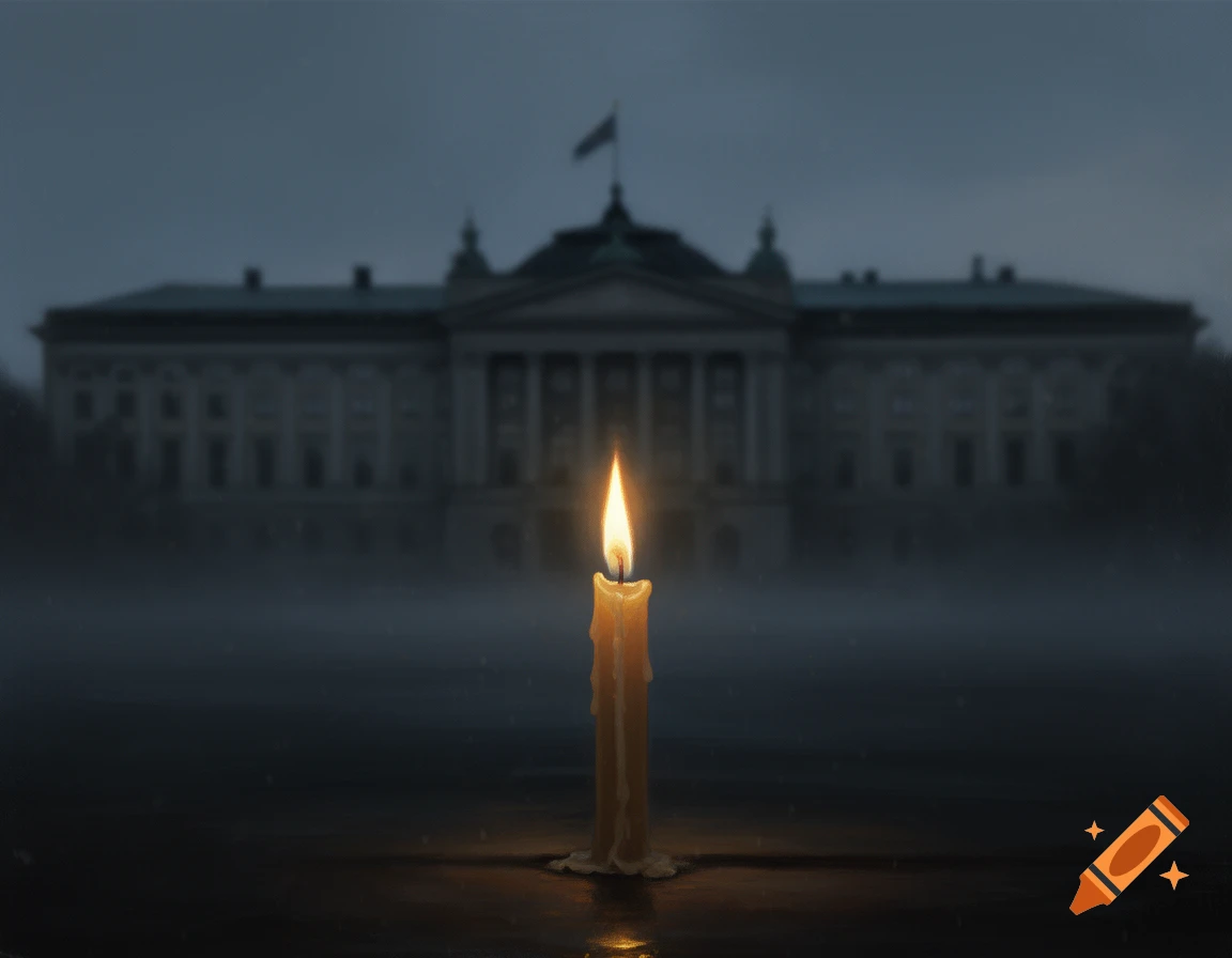 A digital painting of a single lit candle in the foreground with the blurred silhouette of a palace in the background under twilight.