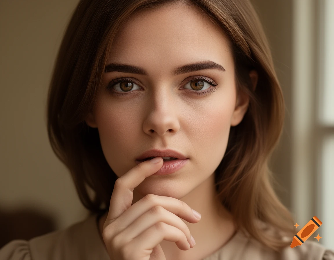 Close-up photorealistic portrait of a young woman with brown hair and hazel eyes holding a finger to her lips.