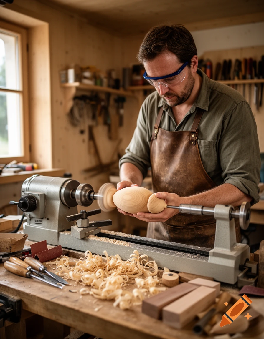 Photorealistic image of a woodworker in a workshop turning a wooden object on a lathe.