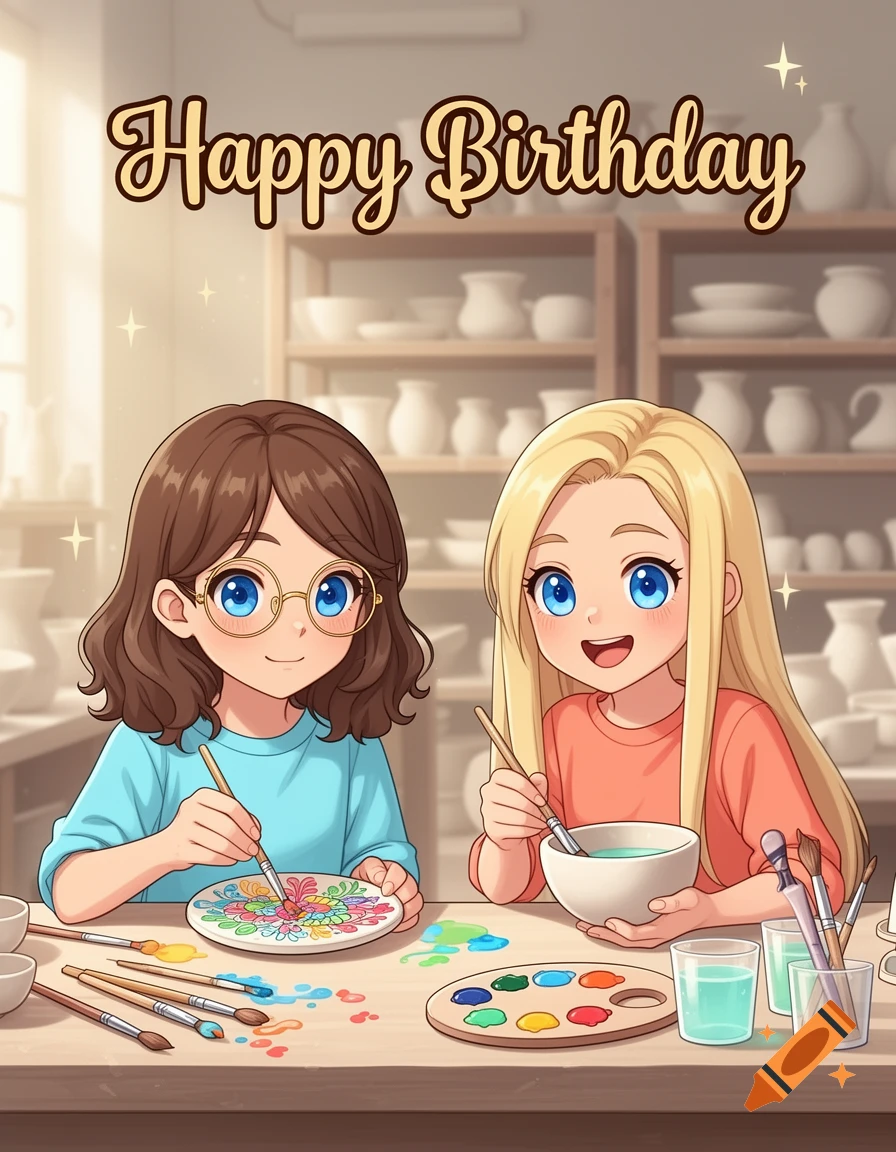 Cute 2D cartoon illustration of two 13-year-old girls painting pottery in a studio, with the text Happy Birthday above them.
