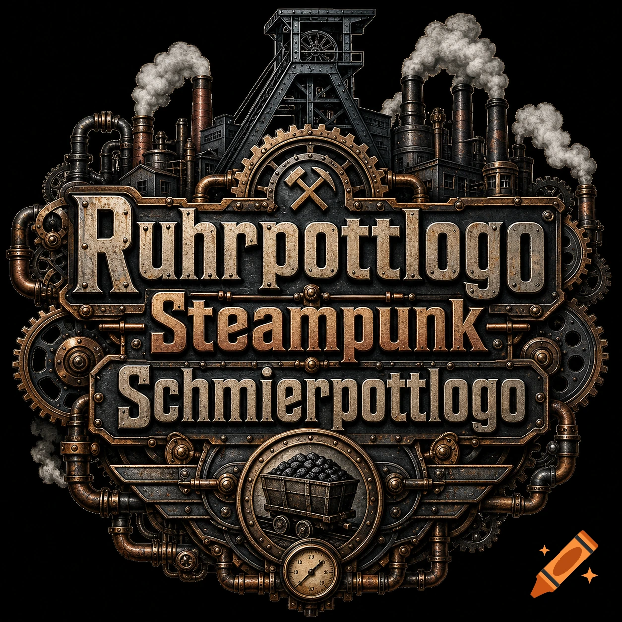 Steampunk style Ruhrpottlogo with gears, pipes, factory chimneys, and a coal cart against a black background.