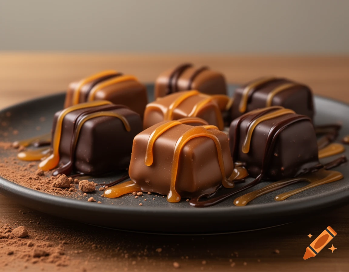 Close-up photorealistic shot of chocolate and caramel candies with drizzle on a dark plate.