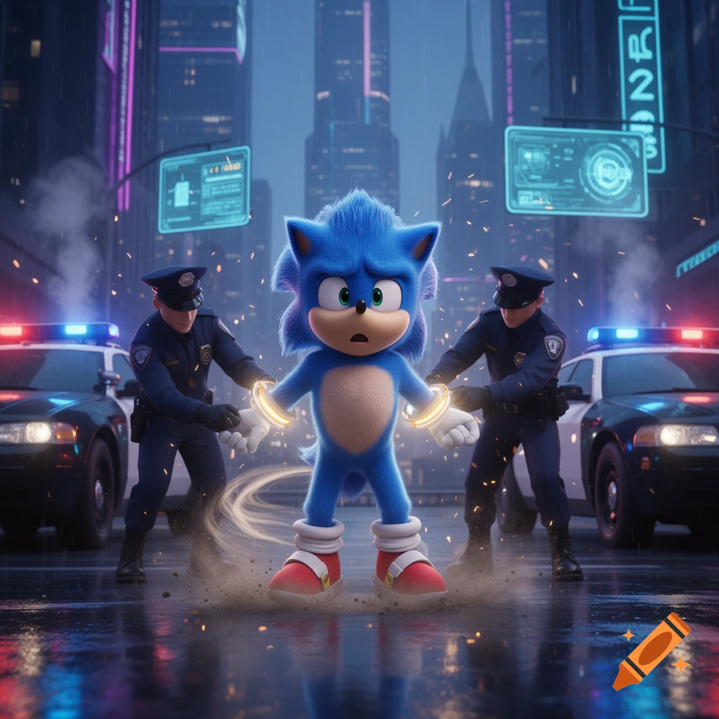 Sonic the Hedgehog being arrested by two police officers in a futuristic city, digital art style.