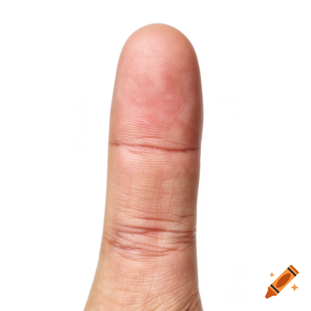Macro photograph of a human finger tip showing distinct skin texture and fingerprint ridges against a white background.