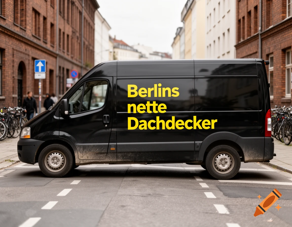A black delivery van parked on a city street with yellow text that reads Berlins nette Dachdecker on the side.