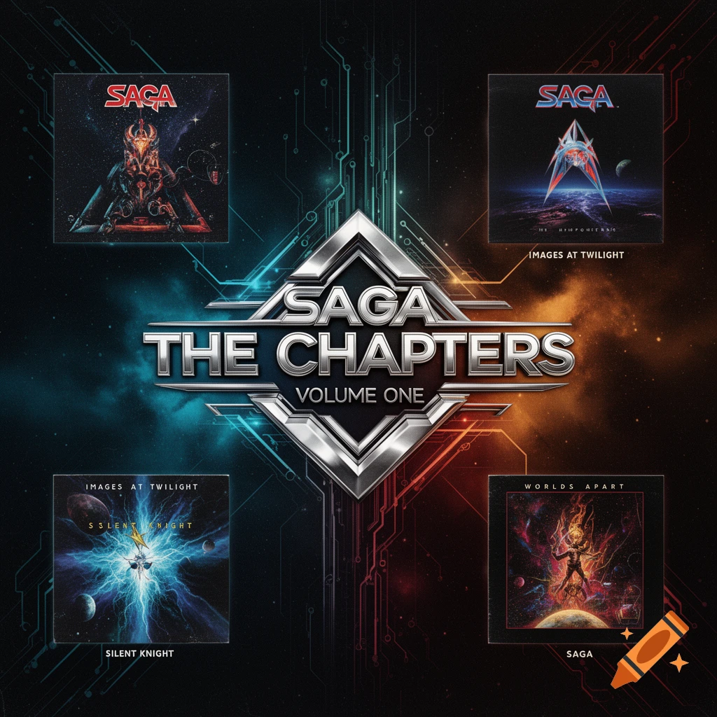 Album cover art featuring the text SAGA THE CHAPTERS VOLUME ONE with four smaller album covers arranged around a central logo.