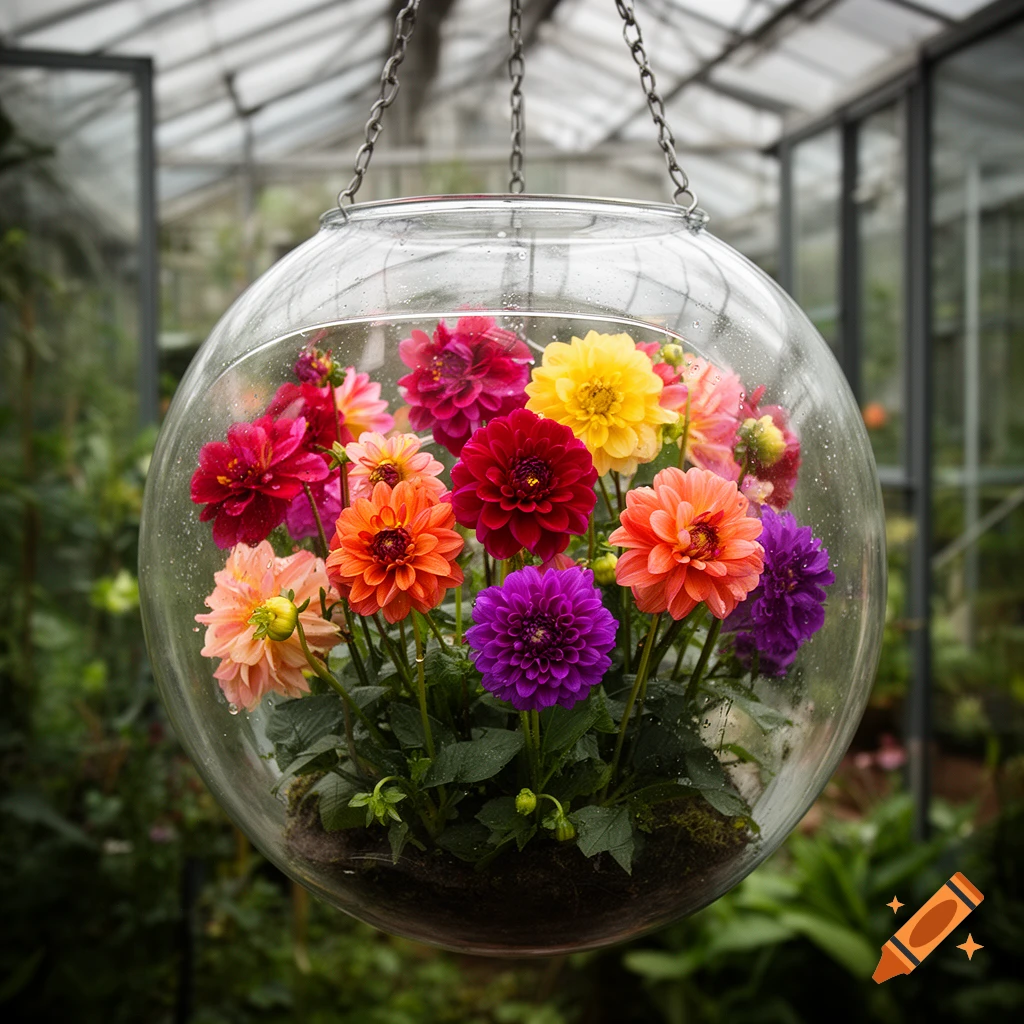 Hanging glass terrarium filled with colorful blooming dahlia flowers inside a greenhouse, photorealistic.