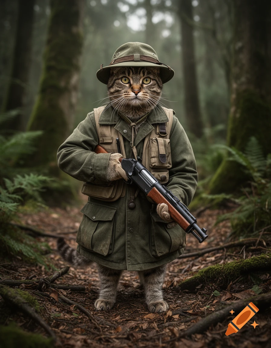A photorealistic anthropomorphic tabby cat dressed in a hunter's green outfit and hat, holding a shotgun in a misty forest.