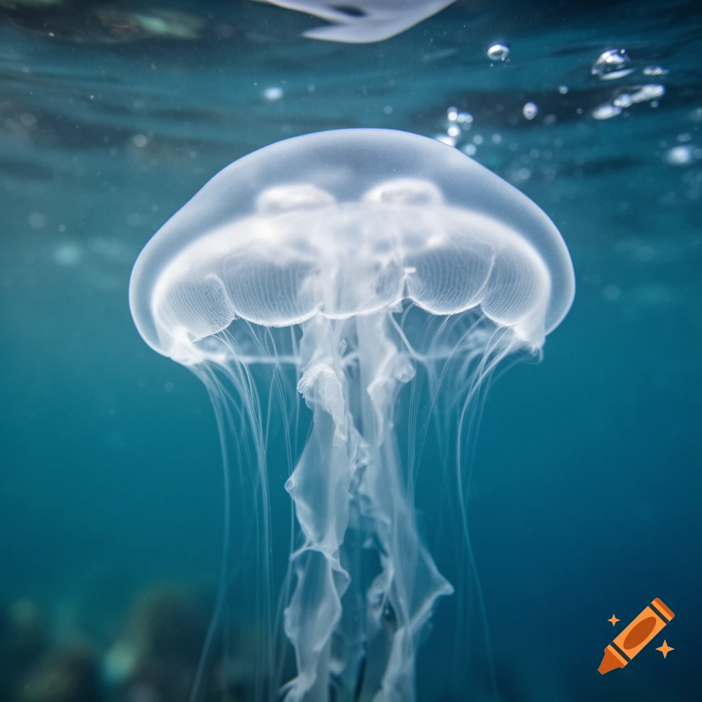 Close-up underwater photograph of a translucent jellyfish with long trailing tentacles swimming in blue water.
