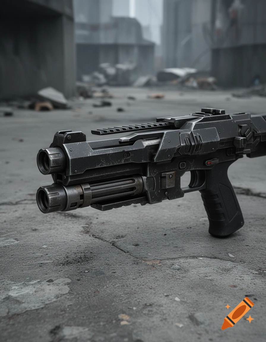 Close-up of a futuristic dark metal sci-fi handgun resting on a concrete surface, with a blurred industrial background.