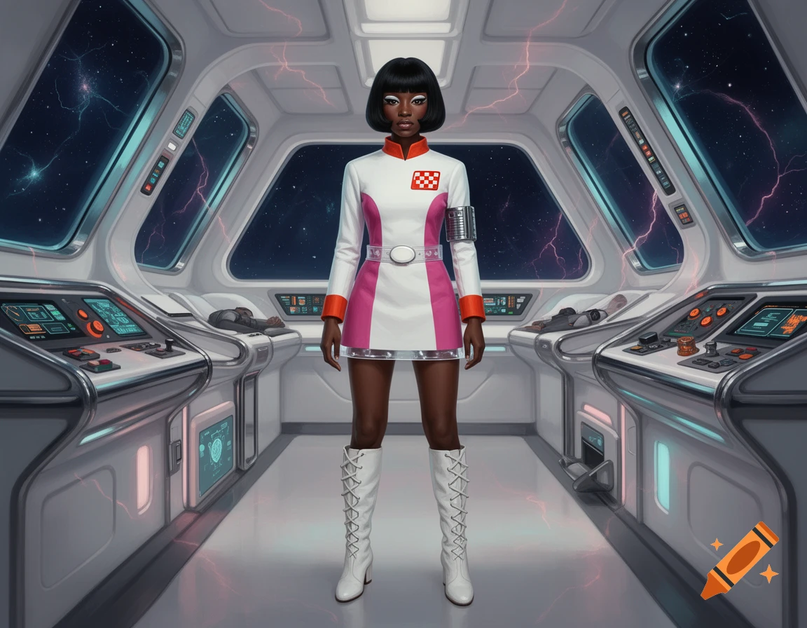 A Black female officer in a retro-futuristic space uniform standing on the bridge of a spaceship.