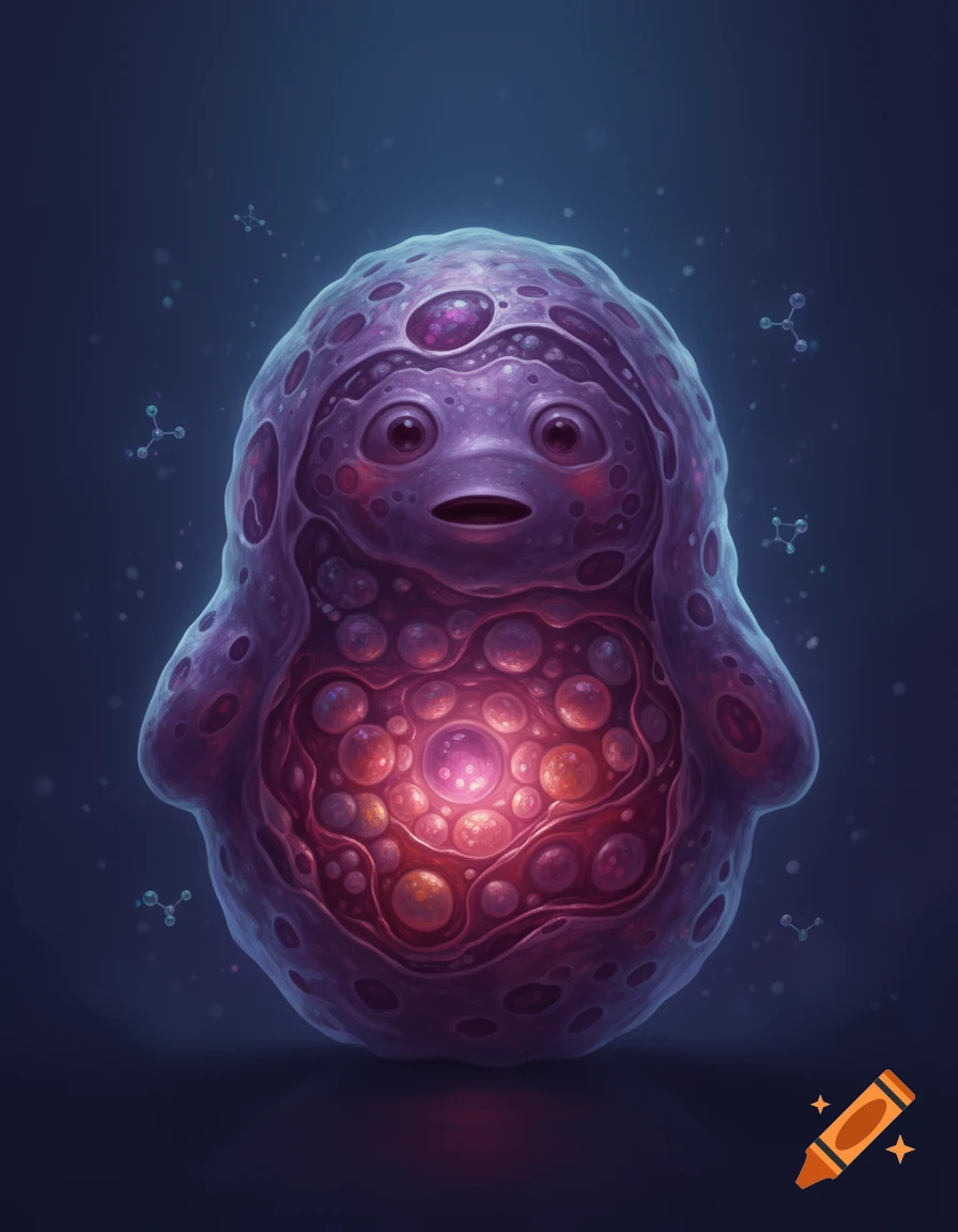 Portrait of a cute, glowing purple cellular creature resembling a lysosome with a face against a dark blue background.