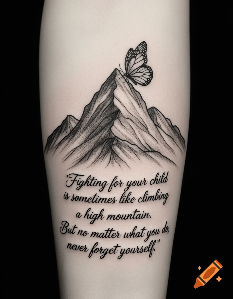 Black and grey tattoo design of a mountain peak with a butterfly and an inspirational quote below it.