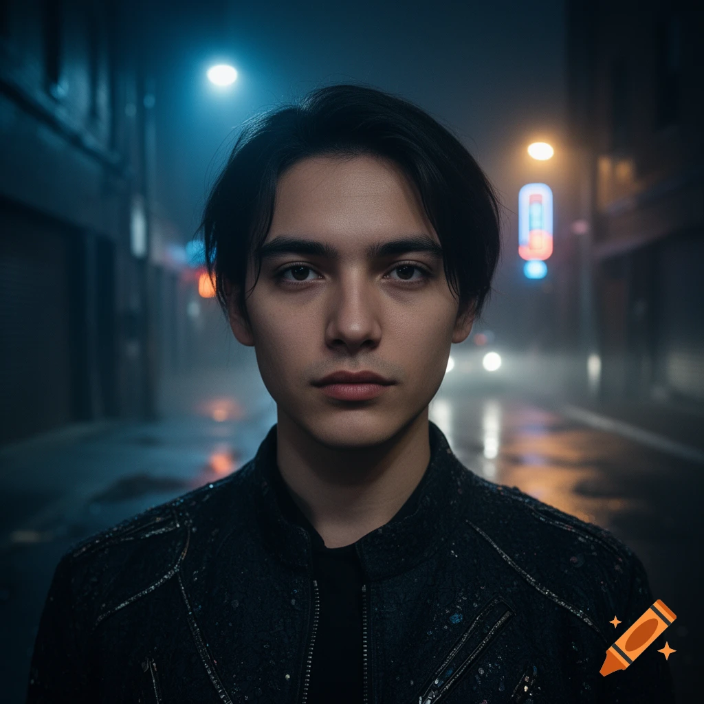 Photorealistic close-up portrait of a young man with dark hair in a foggy, neon-lit alleyway at night.