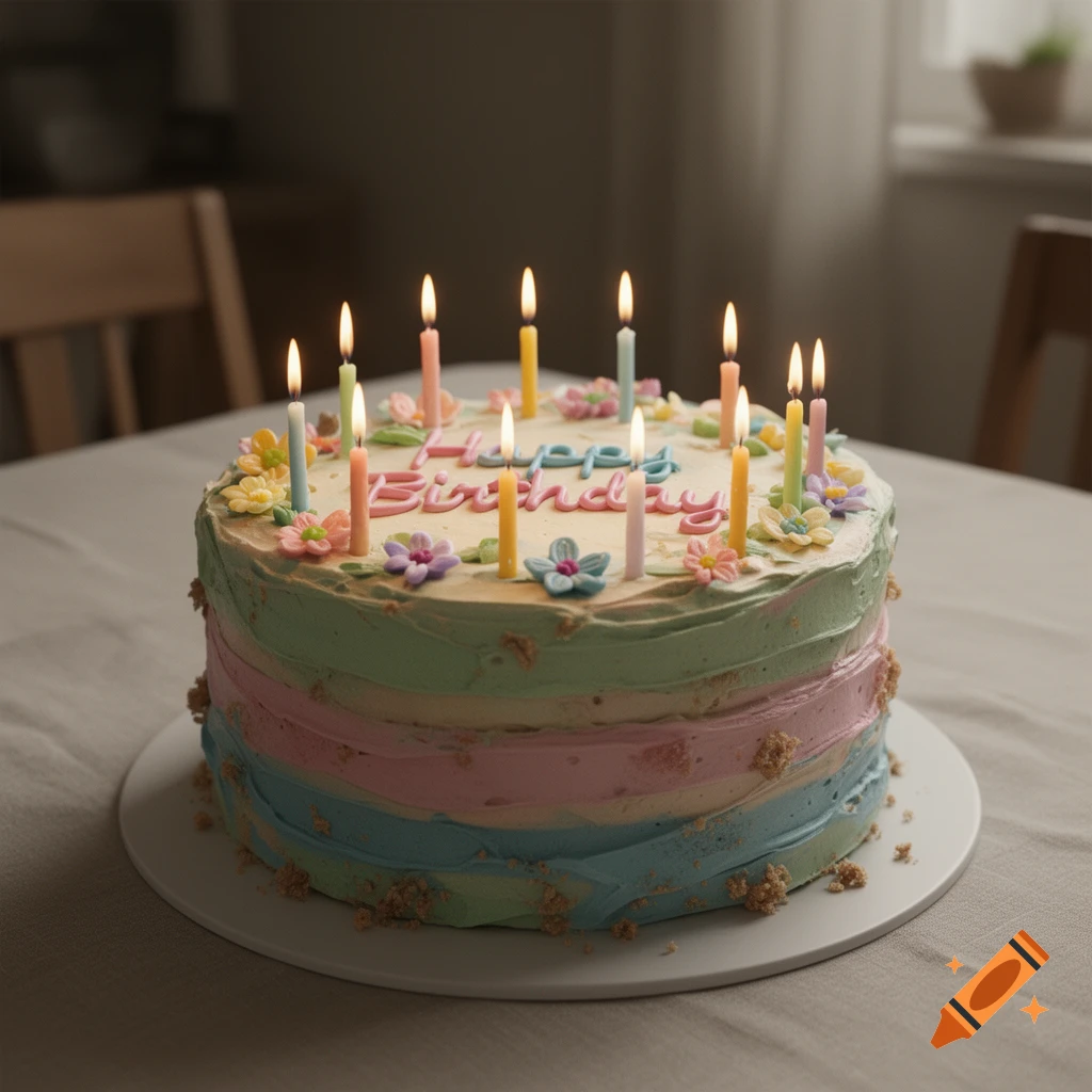 A colorful frosted birthday cake with lit candles on a table in a softly lit room.