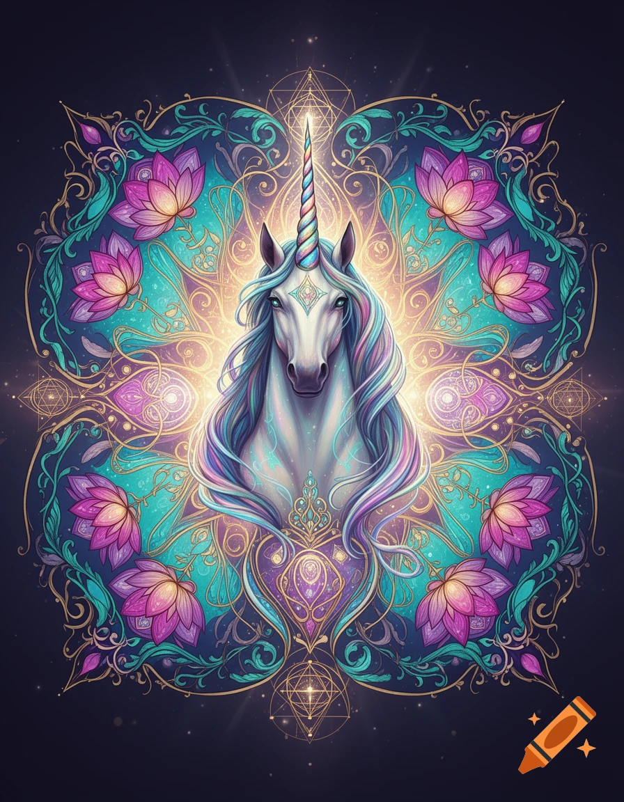 A majestic unicorn portrait surrounded by a vibrant mandala pattern with glowing lotus flowers in digital art style.