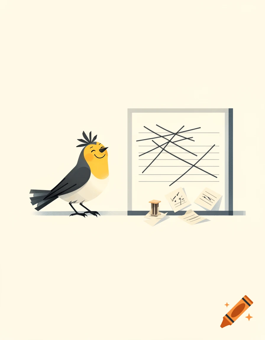 Minimalist digital illustration of a cheerful yellow and grey bird standing beside a white board with abstract lines and scattered notes.