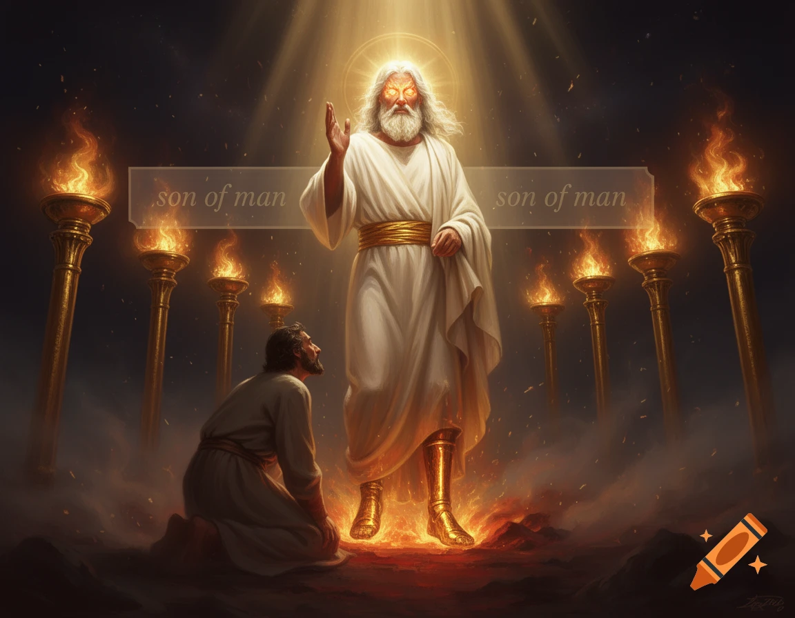 Digital painting of a glowing figure in white robes with fiery eyes and bronze feet standing above a man kneeling in prayer among seven golden lampstands.