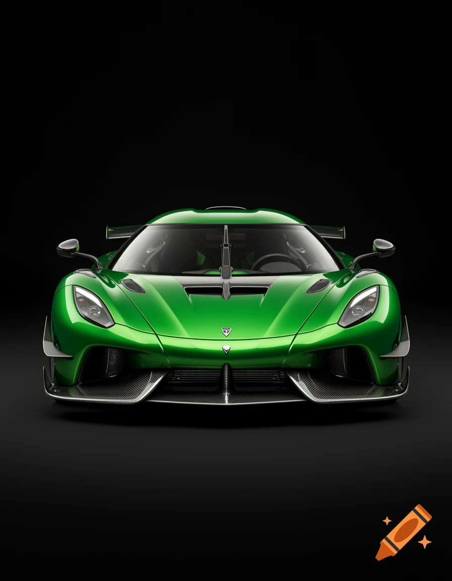 Front view of a sleek green Koenigsegg Jesko sports car against a solid black background.