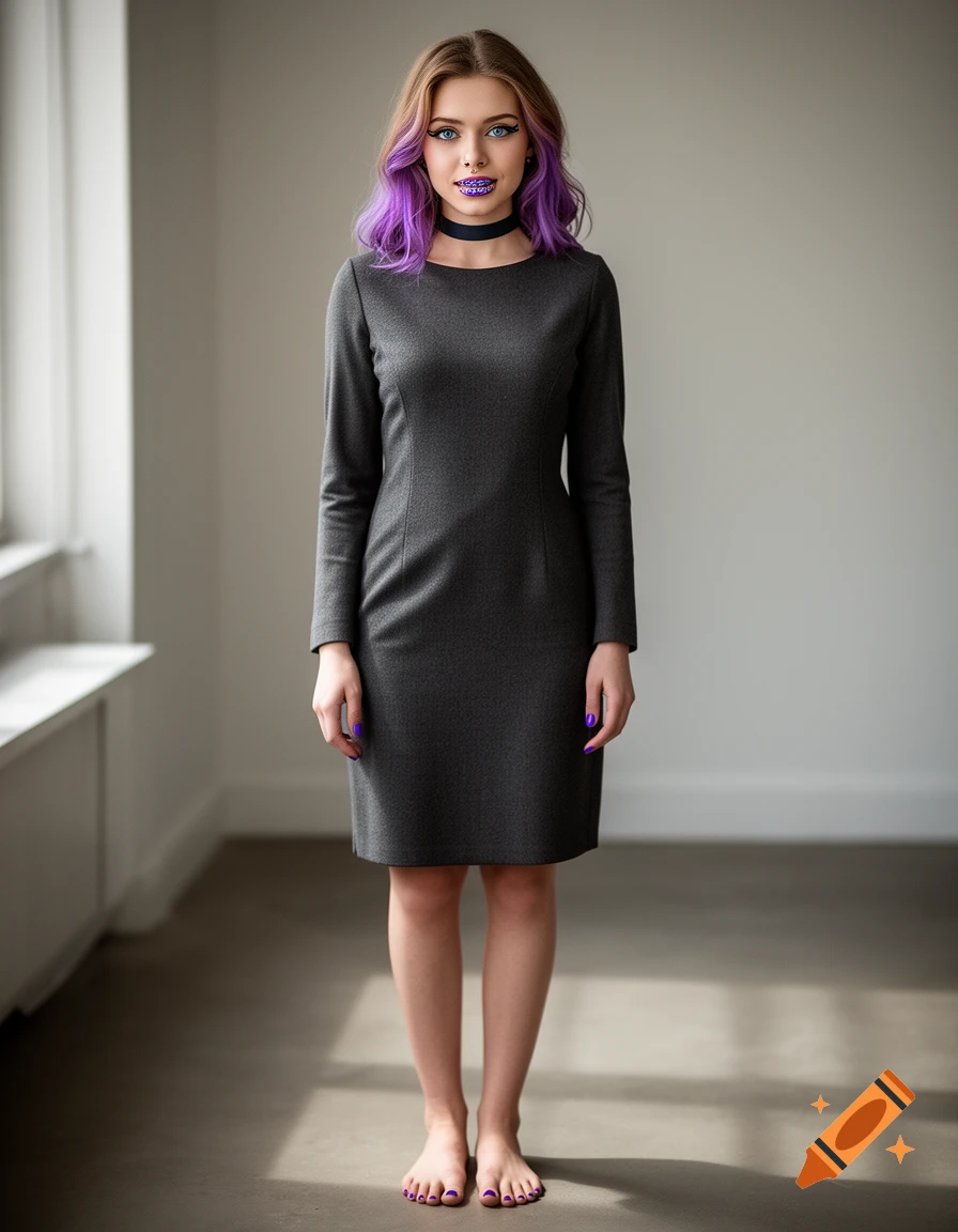 A full-length photorealistic portrait of a young woman with purple highlights in her hair, nose ring, braces, and a grey dress, standing barefoot.