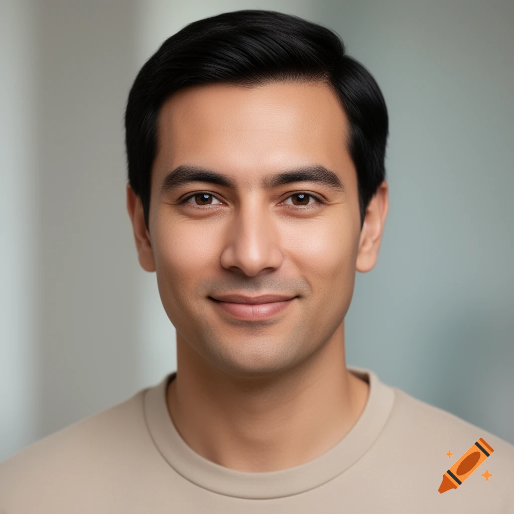 Photorealistic portrait of a young man with dark hair and brown eyes wearing a neutral-toned t-shirt.