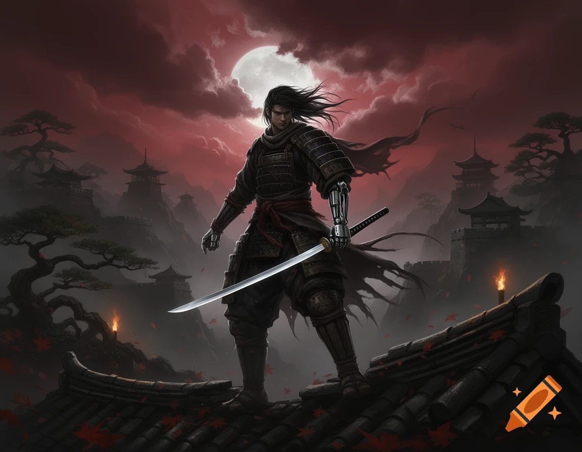 A dark fantasy samurai warrior with a prosthetic arm holding a katana, standing on a traditional roof with a red moon and pagodas in the background.