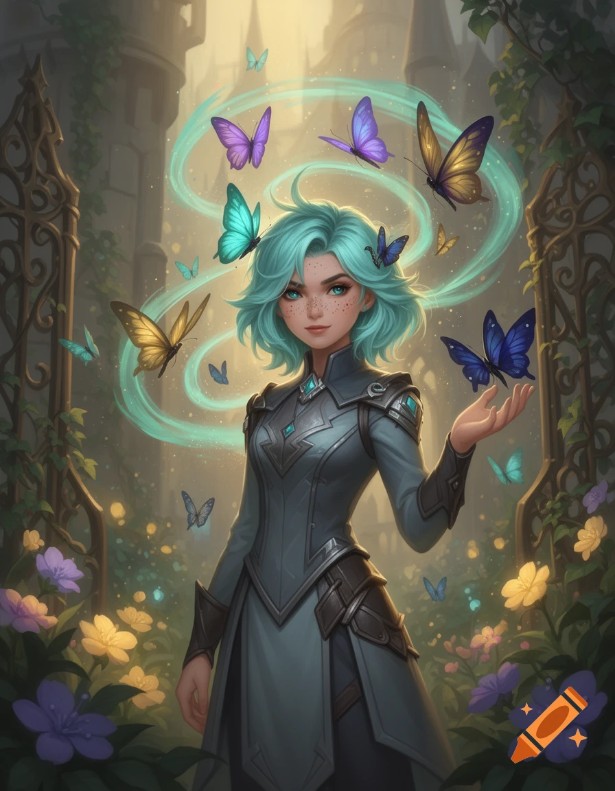 Digital painting of a young woman with short teal hair, freckles, and arcane clothing, surrounded by glowing butterflies.