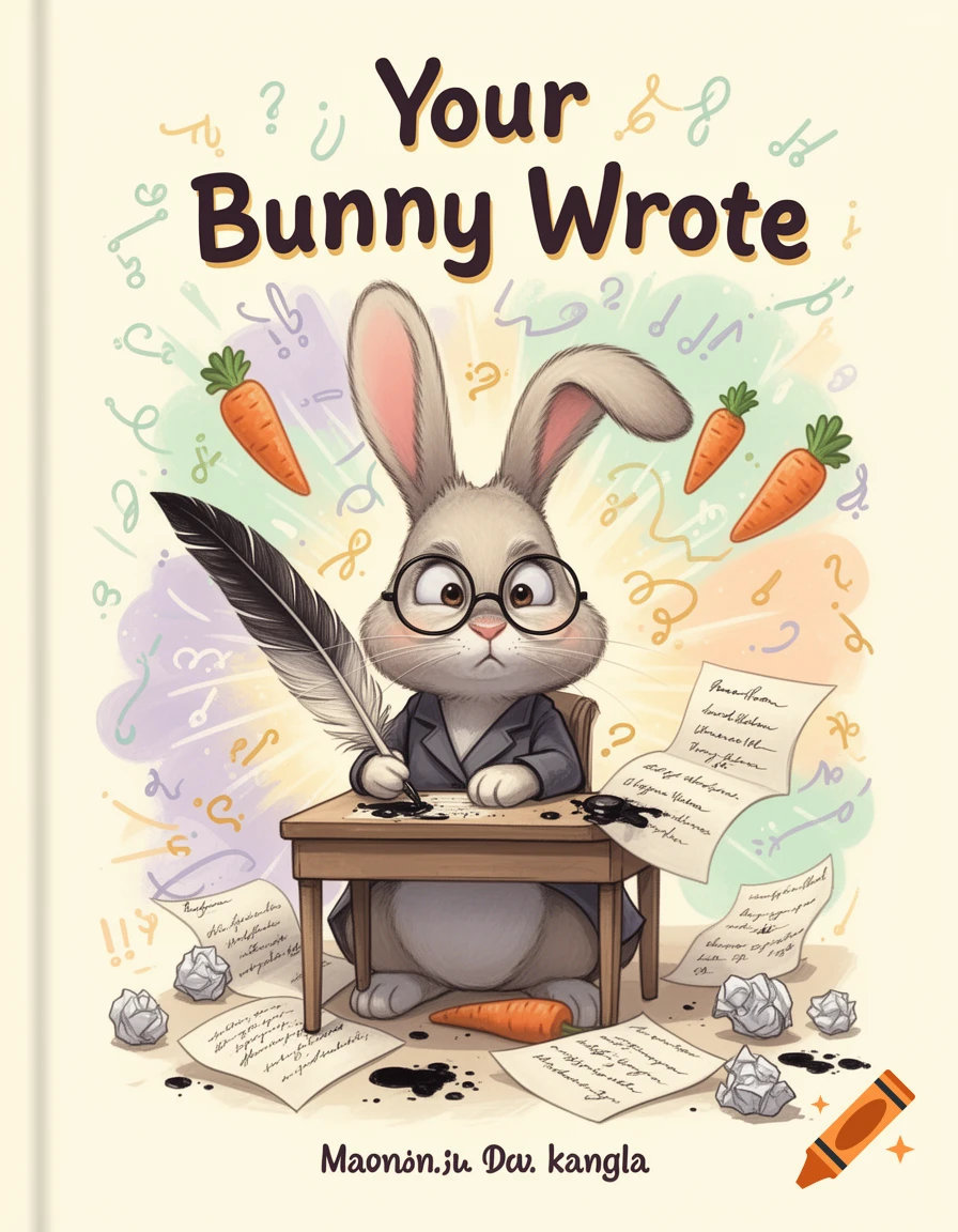 Illustrated book cover featuring a cute rabbit wearing glasses at a desk with a quill, writing, surrounded by carrots and notes.