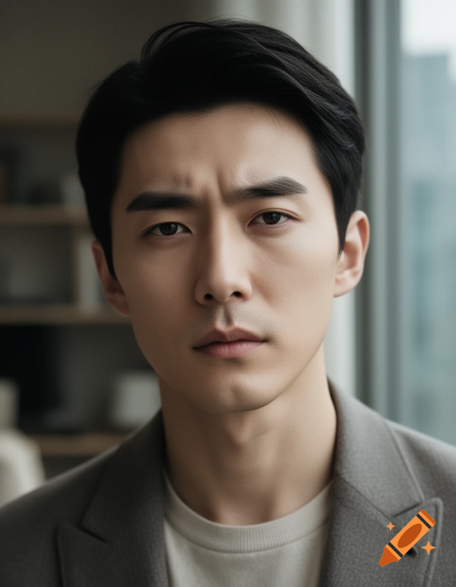 Close-up photorealistic portrait of a tired yet handsome 25-year-old Asian male with dark hair in a grey jacket.