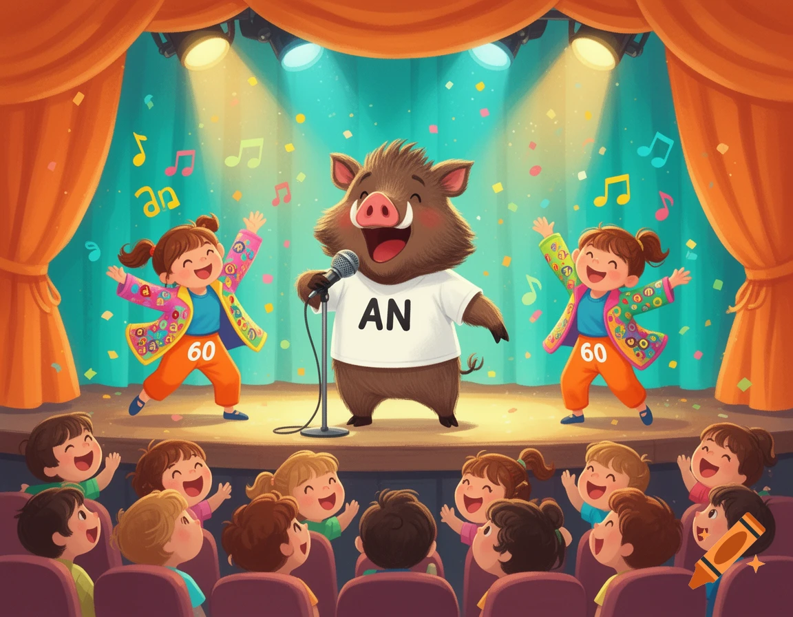 Colorful digital illustration of a cartoon boar singing on a stage with dancing children and an audience.