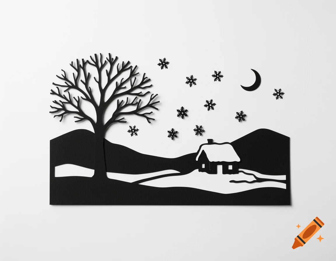 Black papercut style winter landscape featuring a silhouetted tree, snowy hills, a small house, falling snowflakes, and a crescent moon on a white background.