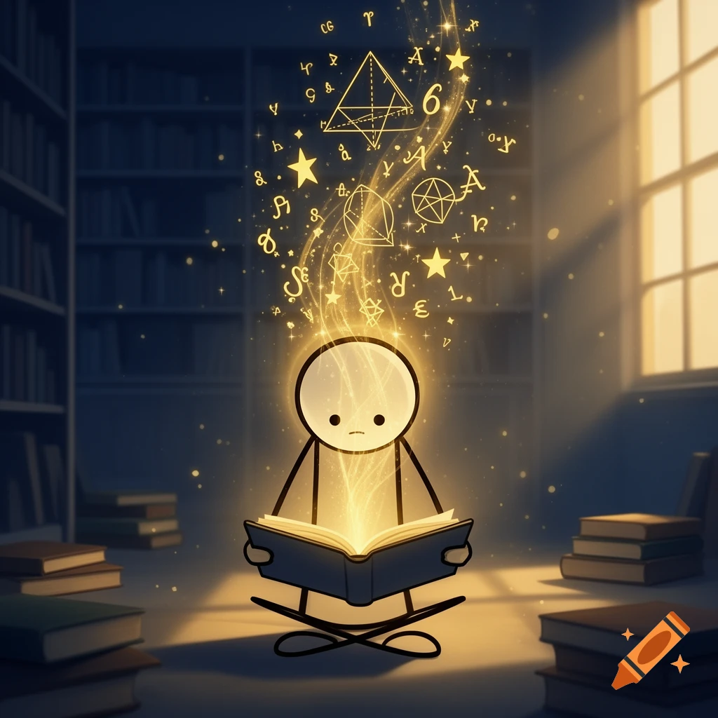 A glowing stickman sits cross-legged reading a book in a library, with magical symbols and math equations floating upwards in a stream of light.