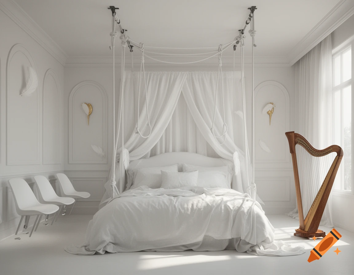 A minimalist white bedroom featuring a large canopy bed with ropes, floating chairs, and a harp in the corner, rendered in a photorealistic style.