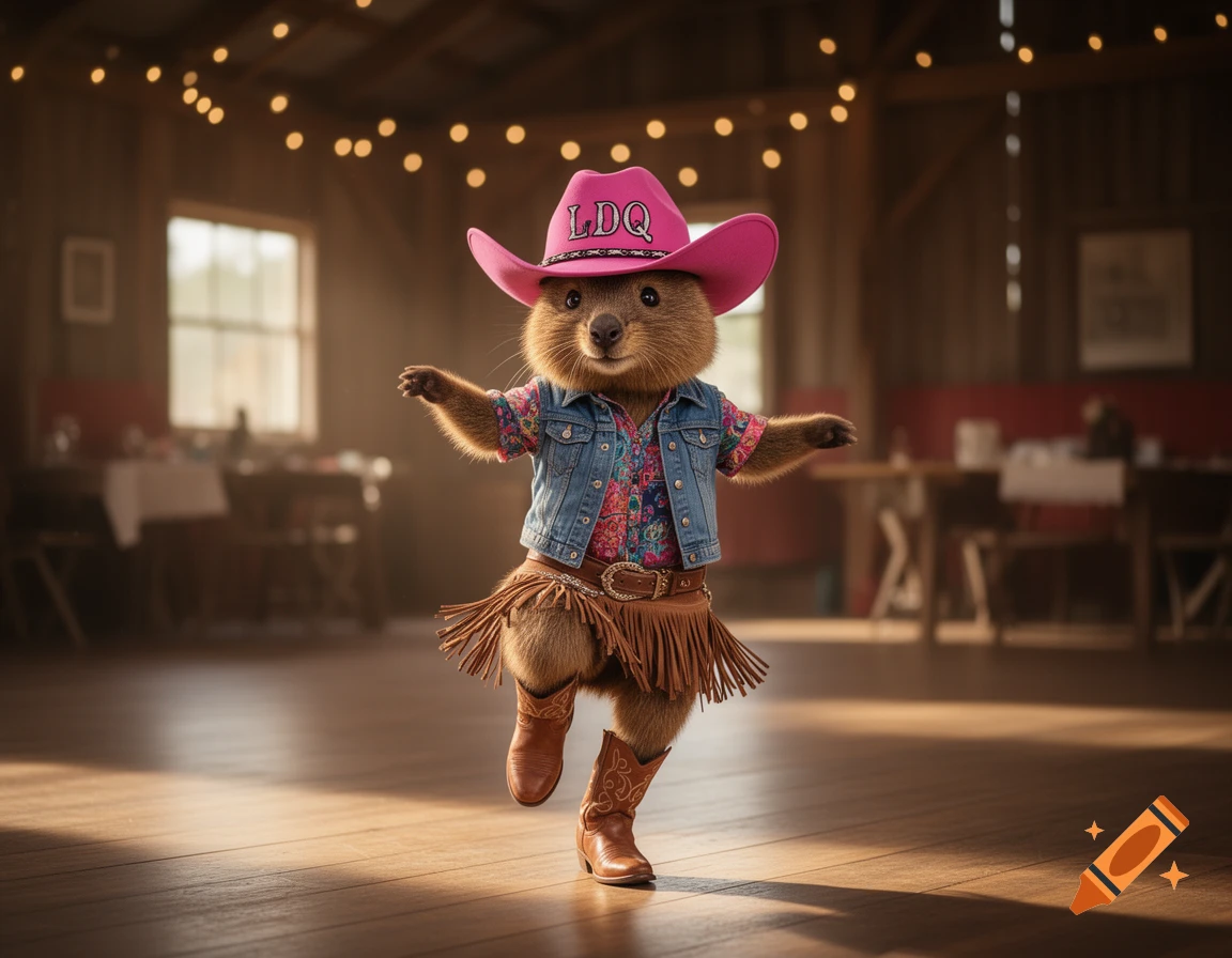 A photorealistic quokka wearing a pink cowboy hat with the text LDQ and dancing in a rustic barn.