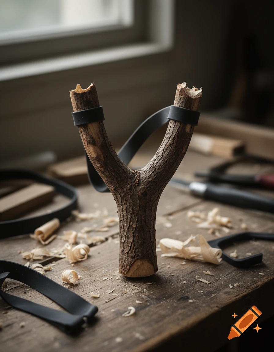 A close-up of a homemade wooden slingshot with black rubber bands on a rustic wooden workbench.