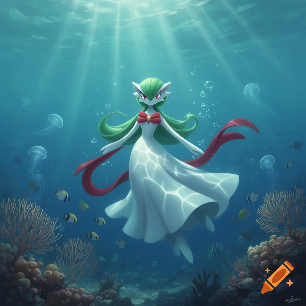 Digital art of the Pokemon Gardevoir swimming underwater surrounded by coral, jellyfish, and fish in a sunlit ocean.