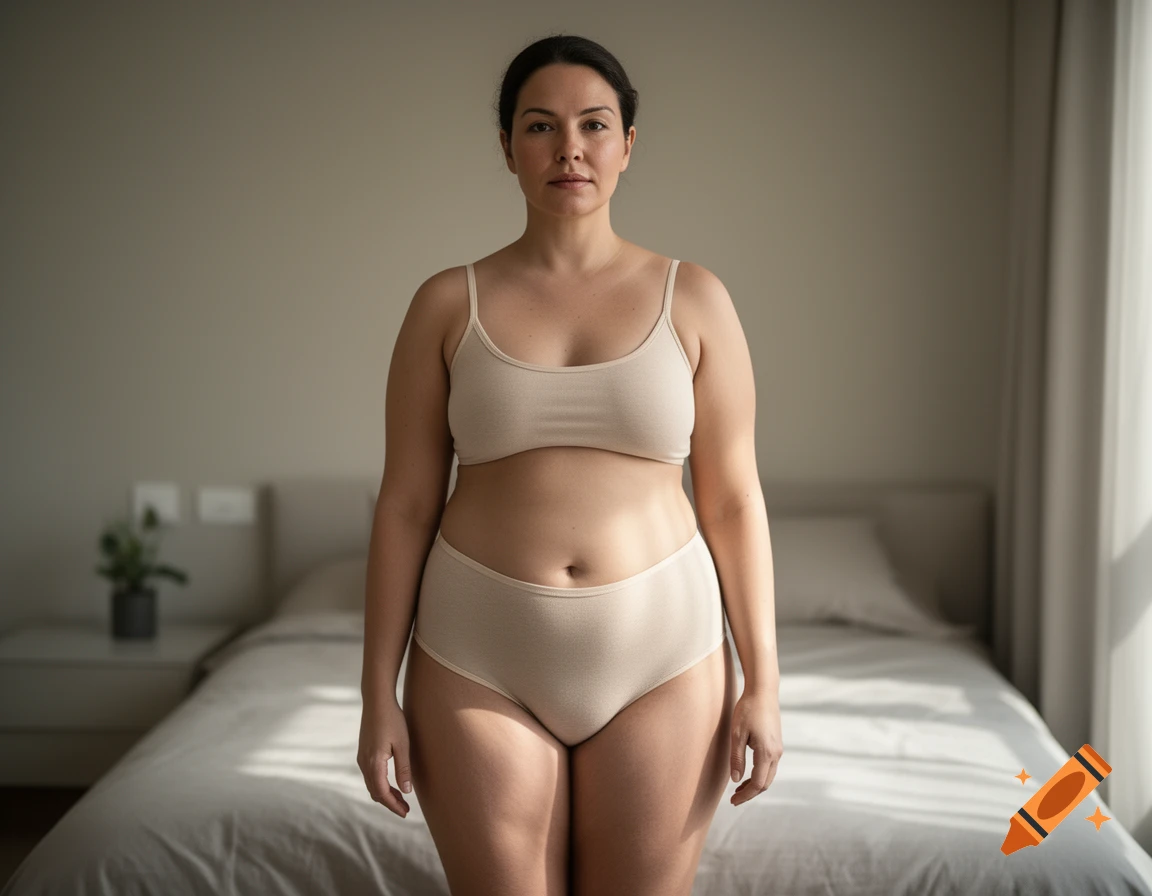Photorealistic full-body portrait of a woman standing in a bedroom wearing a matching beige bra and panties set.