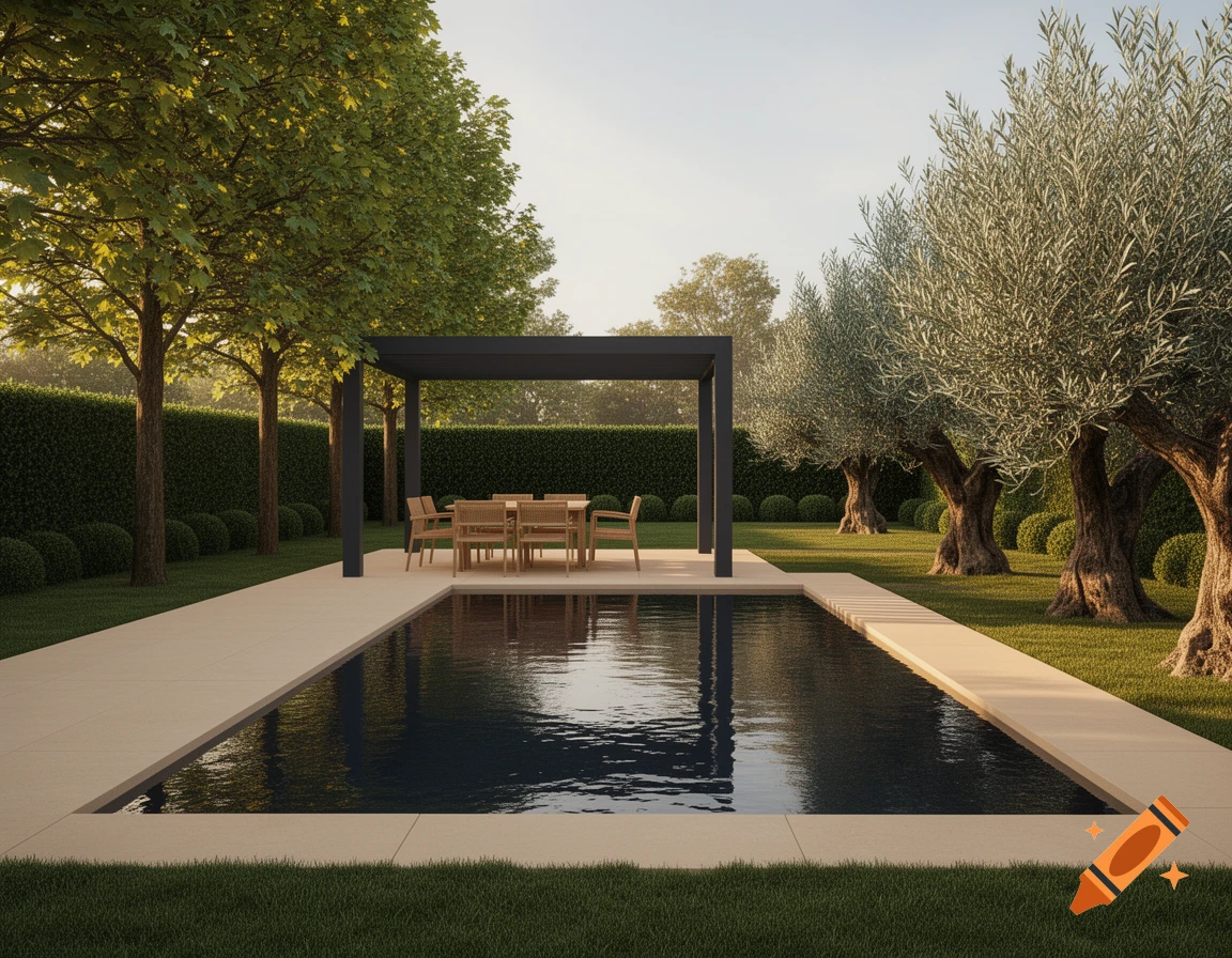 Photorealistic backyard with a rectangular swimming pool, minimalist pergola with dining table, trees, and hedges under afternoon sun.