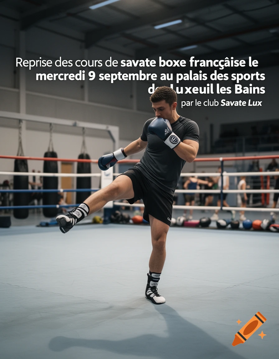 Photorealistic image of a male athlete in a boxing ring practicing a savate kick while wearing boxing gloves.