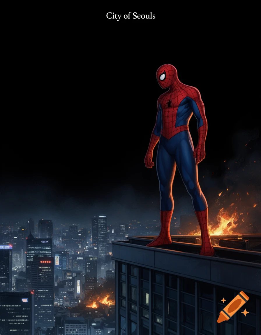 Comic book style illustration of Spider-Man standing on a high-rise building rooftop overlooking a city skyline at night with small fires.