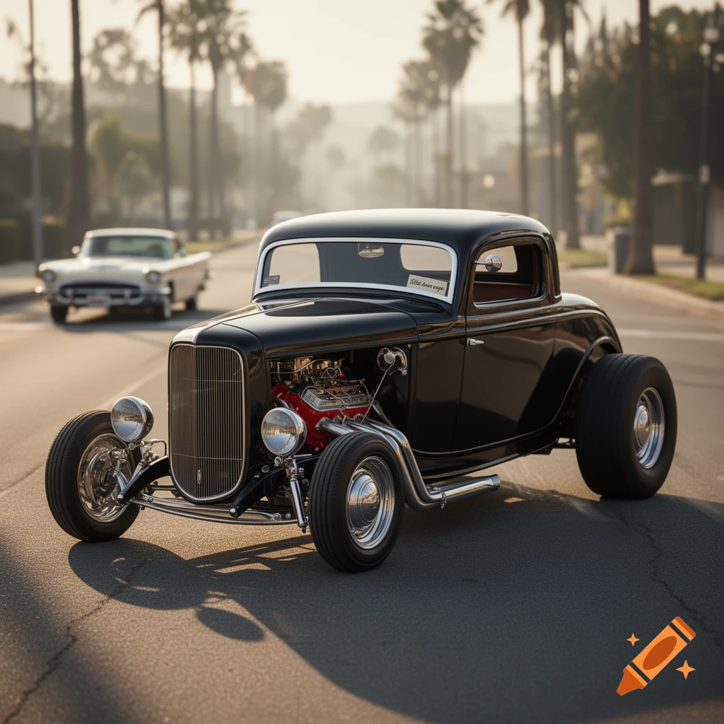 Photorealistic digital render of a classic black hot rod car parked on a sunny city street with palm trees.