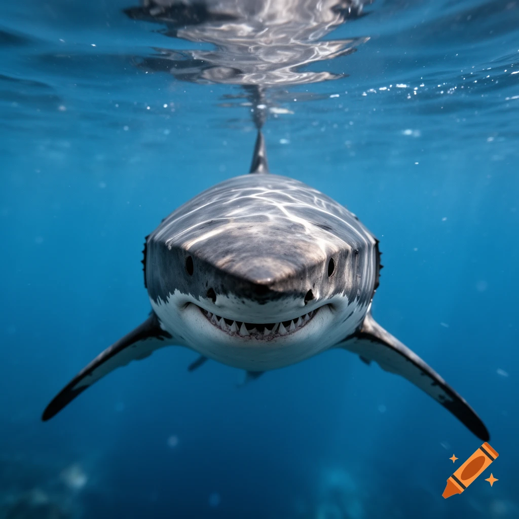 Photorealistic underwater shot of a great white shark swimming towards the camera.