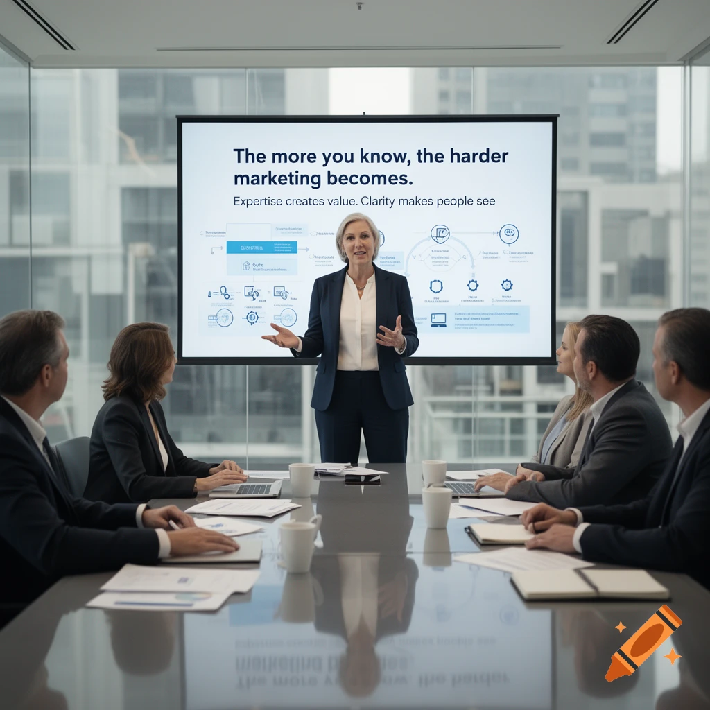 A businesswoman giving a presentation in a modern conference room to a group of colleagues.