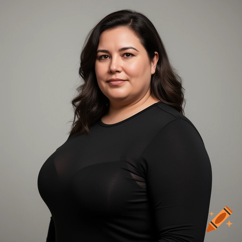 Photorealistic studio portrait of a woman with dark wavy hair wearing a black long-sleeve top against a grey background.