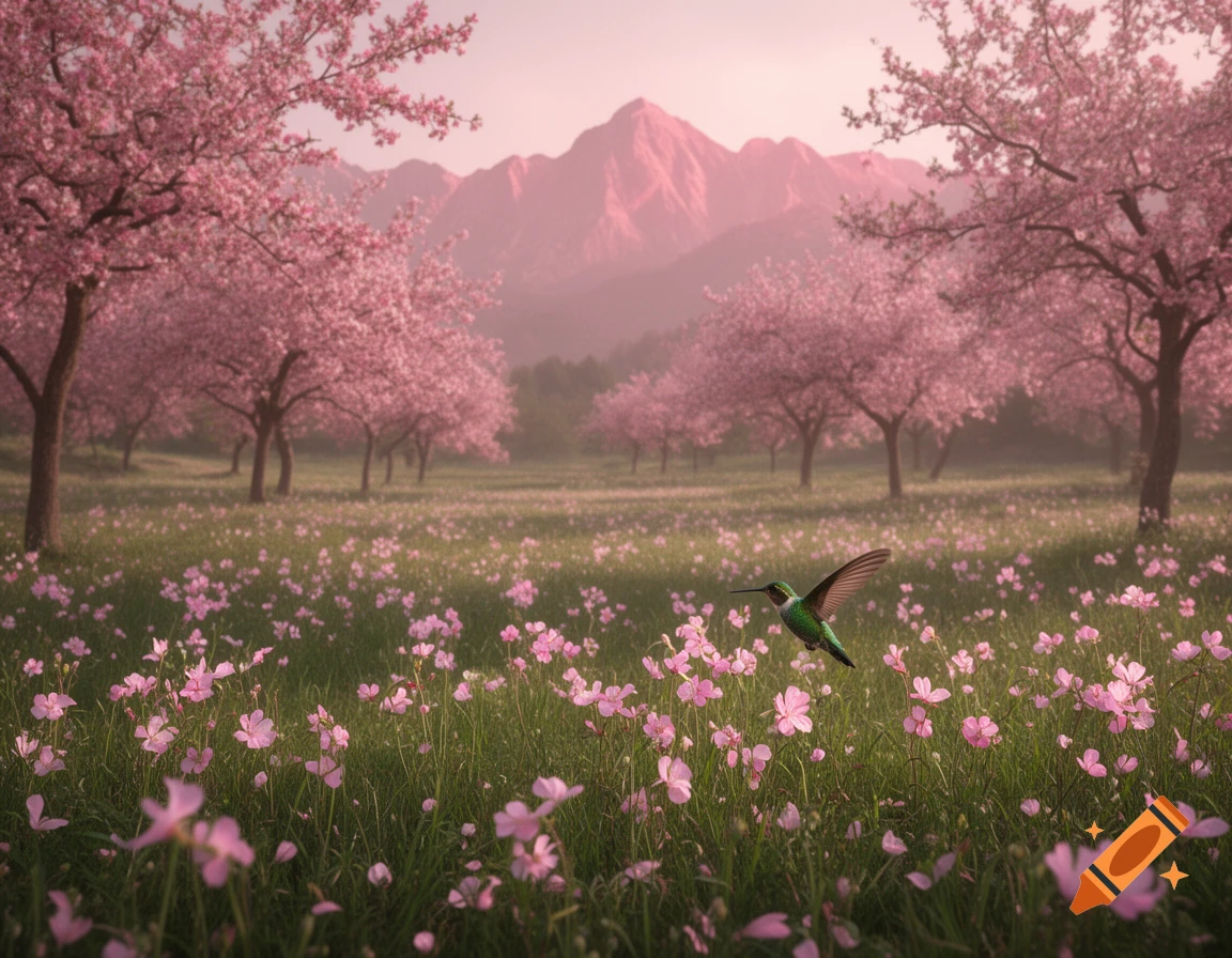 A photorealistic meadow with pink wildflowers and blossoming cherry trees, with pink mountains in the background and a hummingbird in flight.