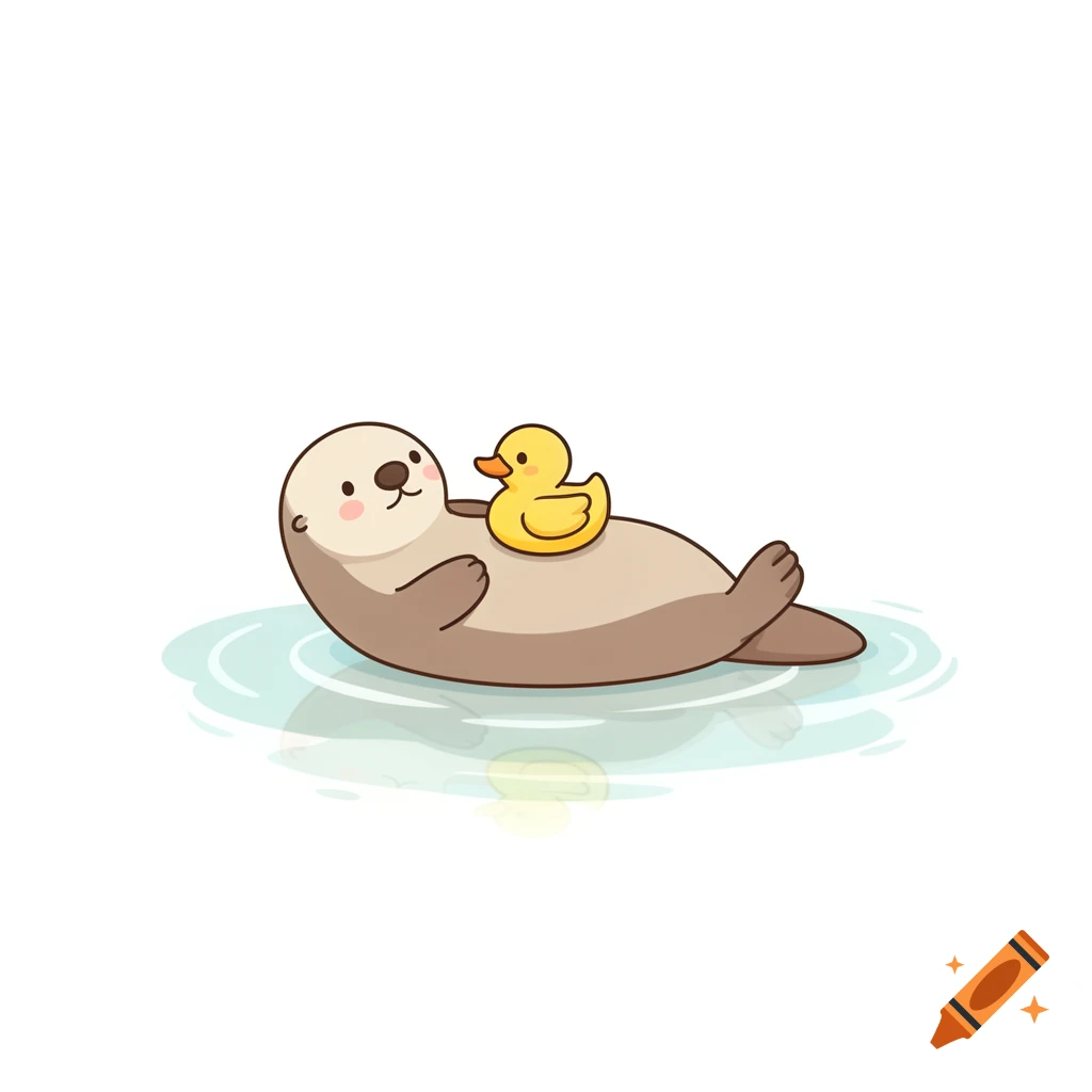 Minimalist cartoon illustration of a happy sea otter floating on its back in calm water with a yellow rubber duck on its belly.