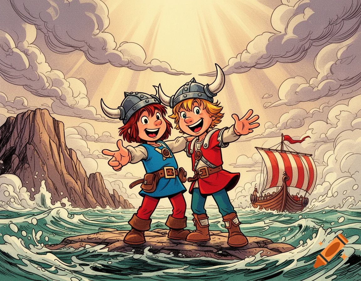 Comic style illustration of Wickie and another young Viking standing on a rock in the sea with a Viking ship in the background.